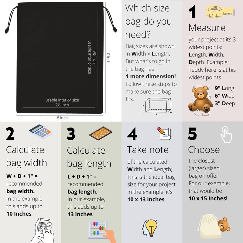 DR Black Cotton Drawstring Bags for Storage, Wardrobe, Travel and Household Organization (8 x 10 inch - 12 pack) - Image 2